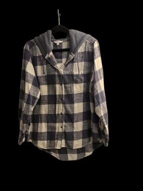 Time and Tru Grey And White Plaid Hooded  Button-Up Shirt